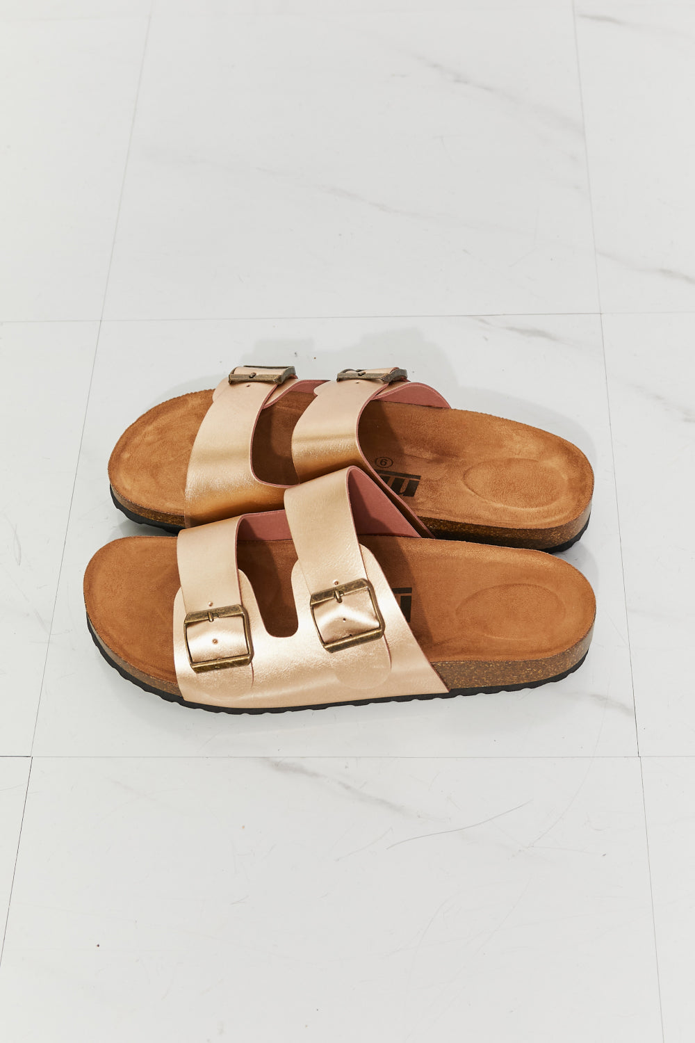 MMShoes Double Buckle Banded Slide On Flat Sandals in Gold Best Life Melody