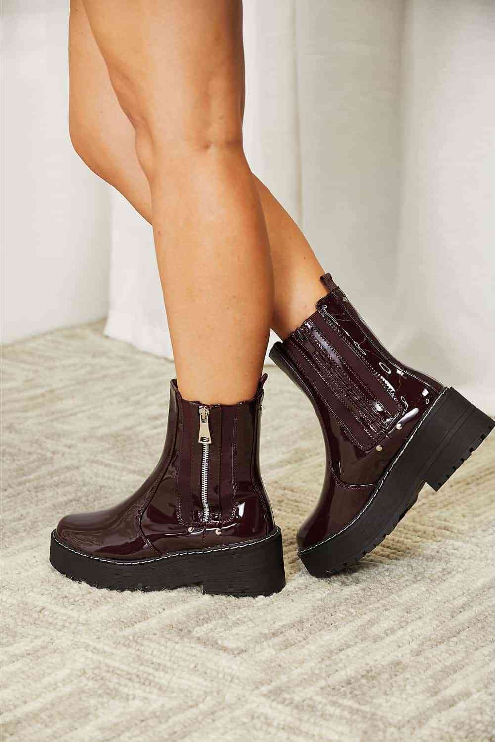 Forever Link Side Zipper Shiny Faux Patent Wine Burgundy Platform Chunky Thick Sole Ankle Moto Boots