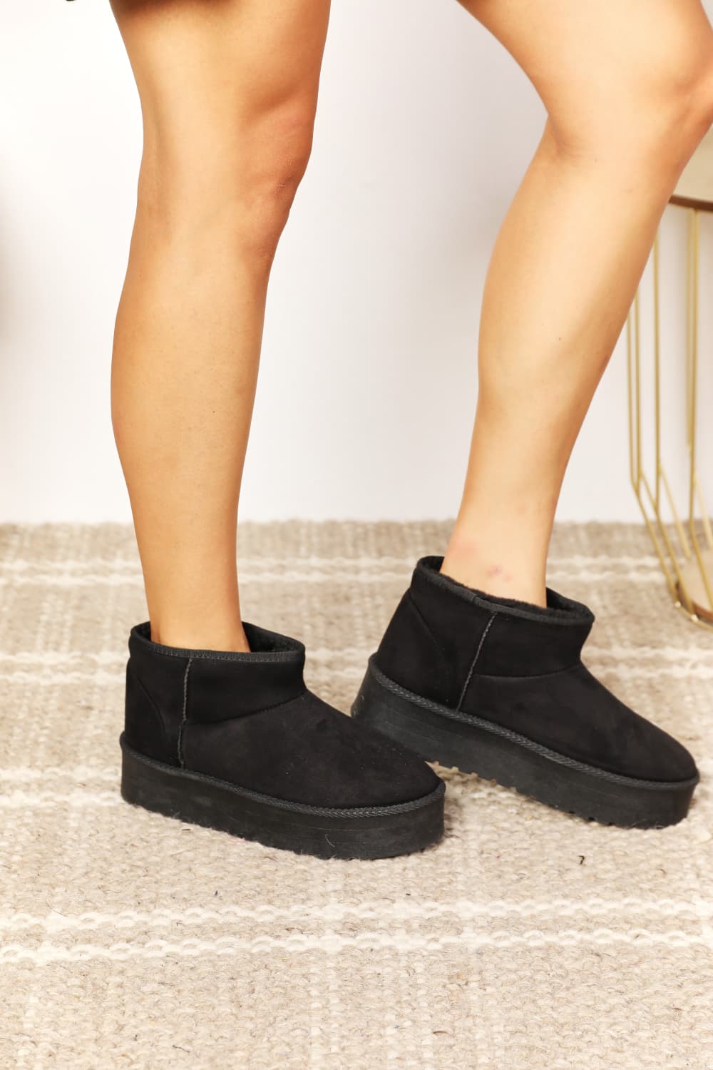 Legend Fleece Lined Platform Chunky Thick Sole Mini Ankle Black Bootie Boots