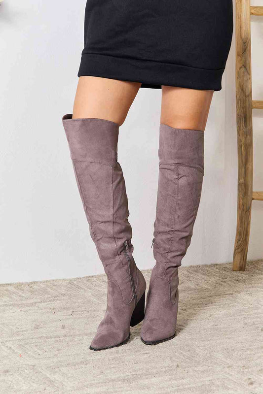 East Lion Corp Knee High Boots Block Heel Gray Faux Suede Riding Boots