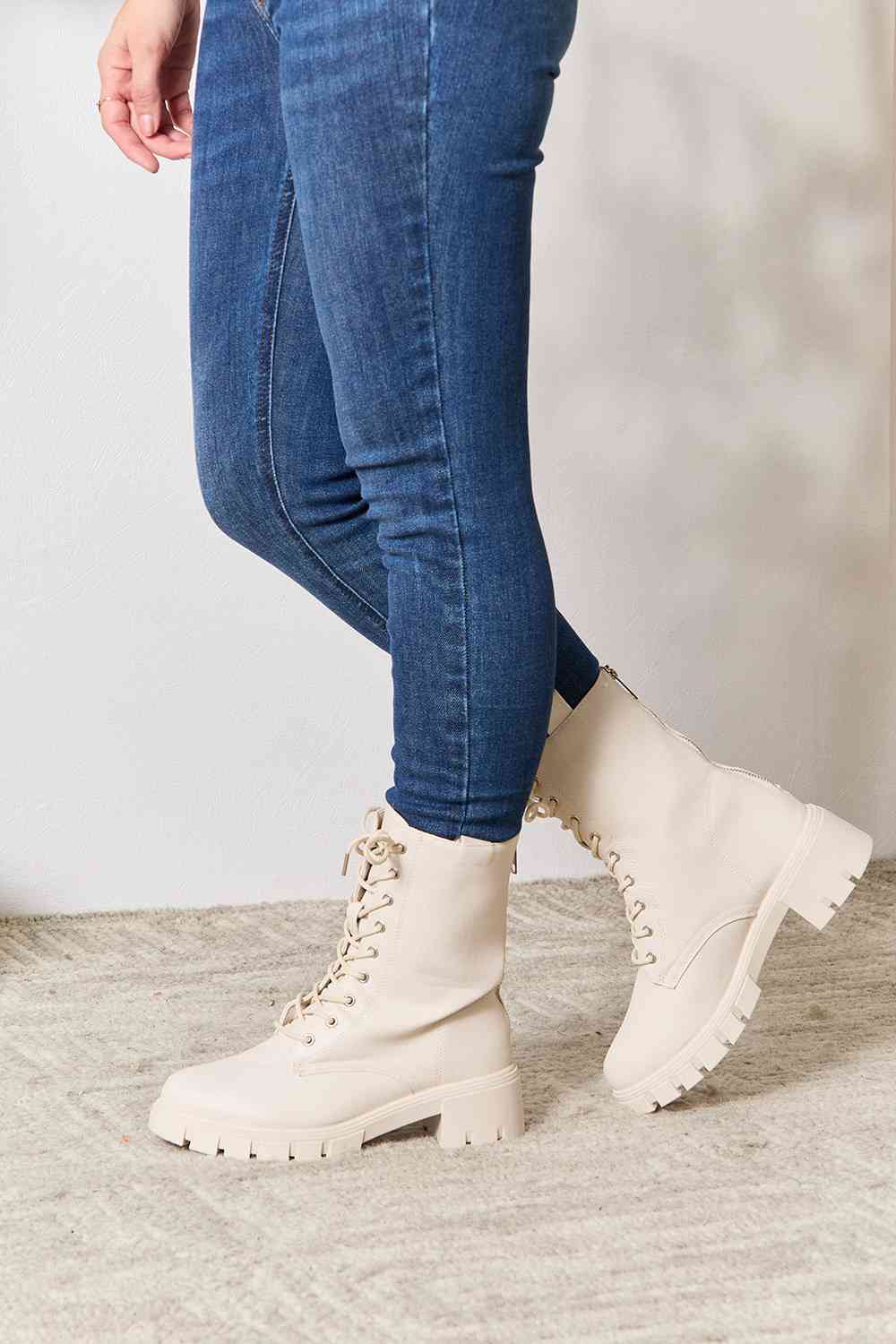 East Lion Corp Zip Back Lace-up Front Stone Cream Chunky Thick Sole Ankle Combat Boots