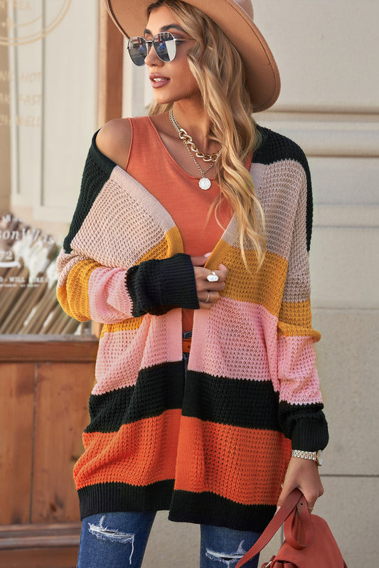White Label Striped Waffle Knit Open Front Multicolored Lightweight Comfy Cardigan Orange, Black, Yellow, Tan, Pink Multicolor