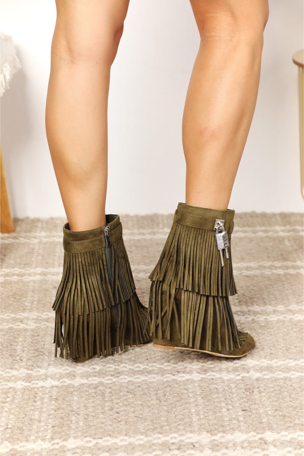 Legend Fringed Wedge Heel Pointy Toe Olive Green Ankle Booties Boots