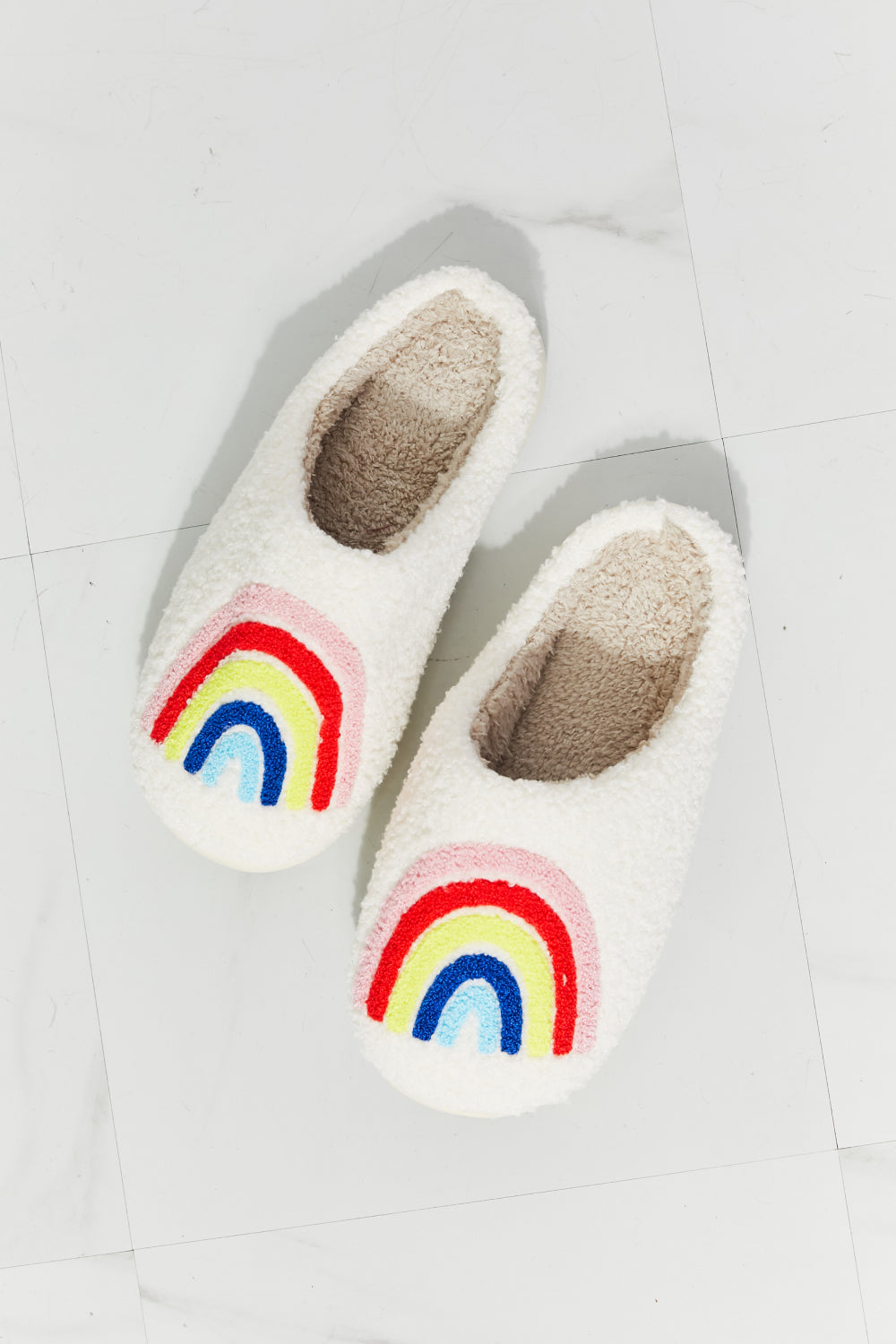 MMShoes Rainbow Fuzzy Teddy Bear Plush Slide On Comfy Slippers Multicolor on White