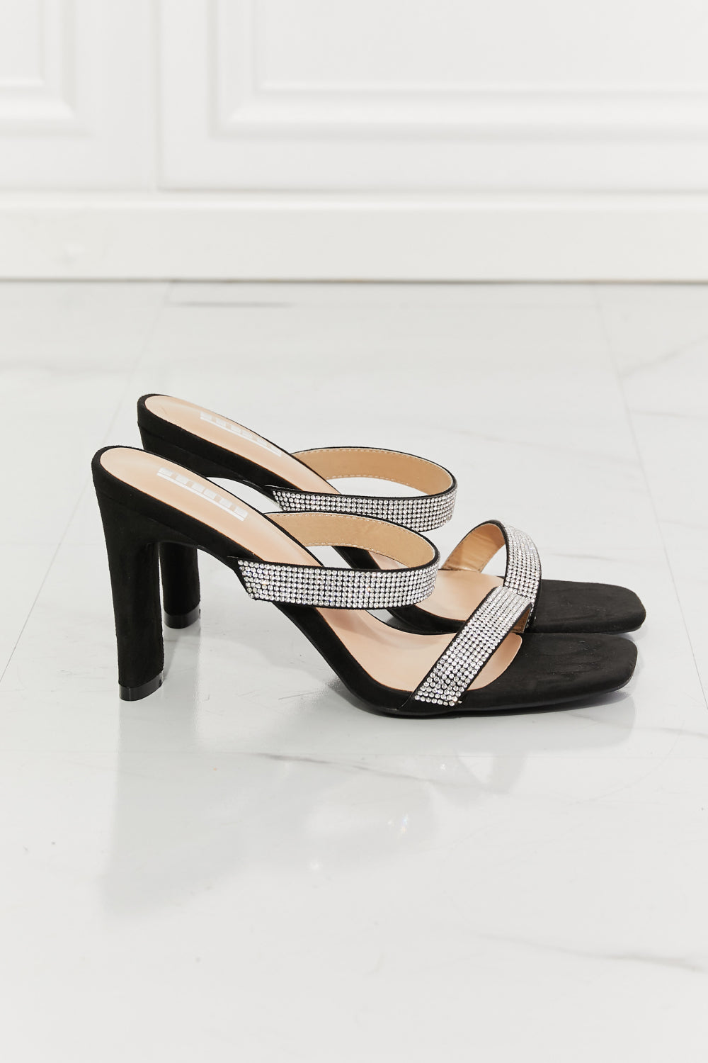 MMShoes Rhinestone Block High Heel Slide On Double Band Sandal in Black Leave A Little Sparkle