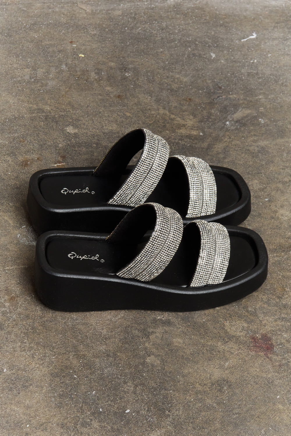 Qupid Platform Wedge Faux Rhinestone Thick Chunky Sole Slide On Slip In Sandals in Black