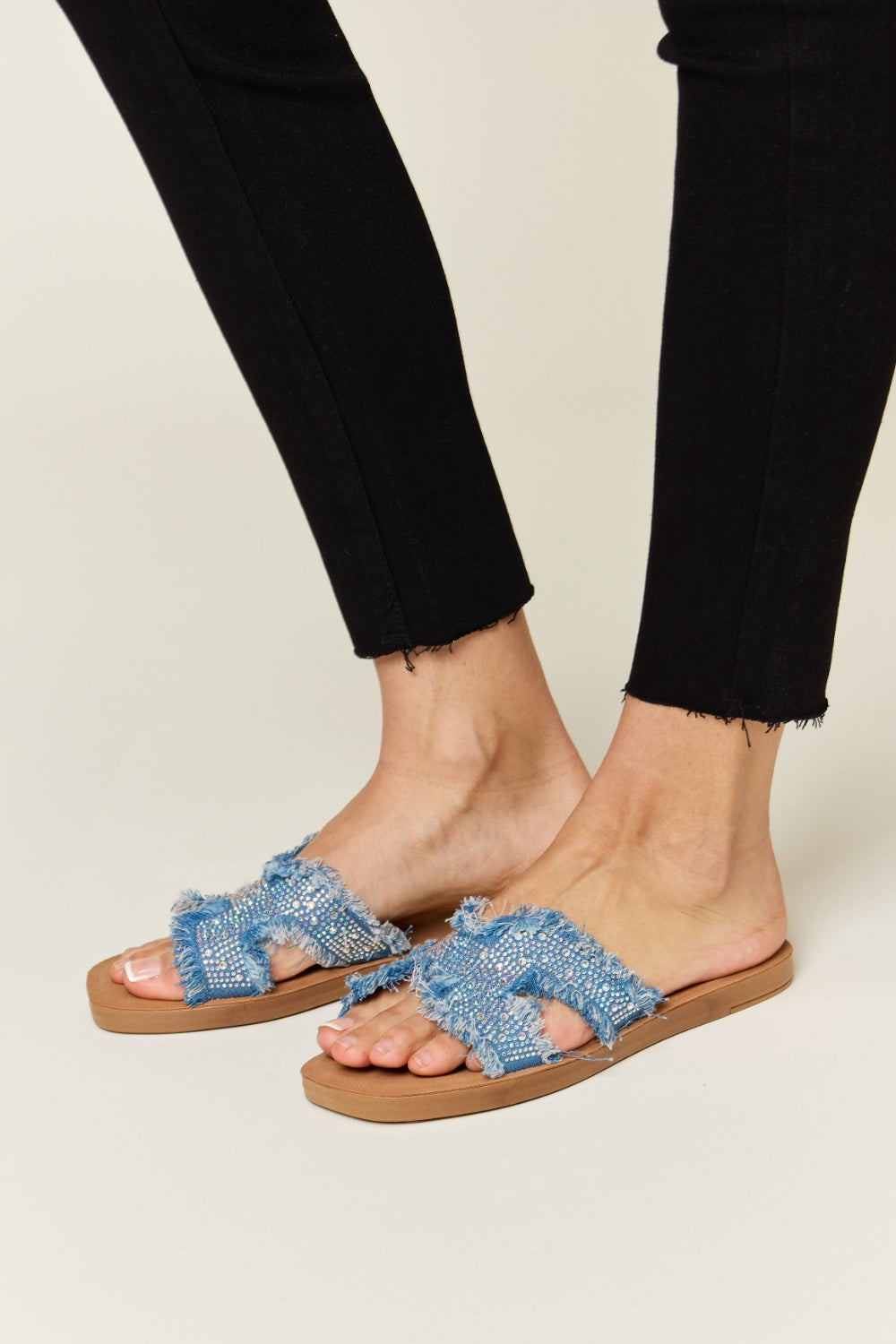 Forever Link Raw Trim Denim Blue H-Band Slide On Flat Comfy Sandals
