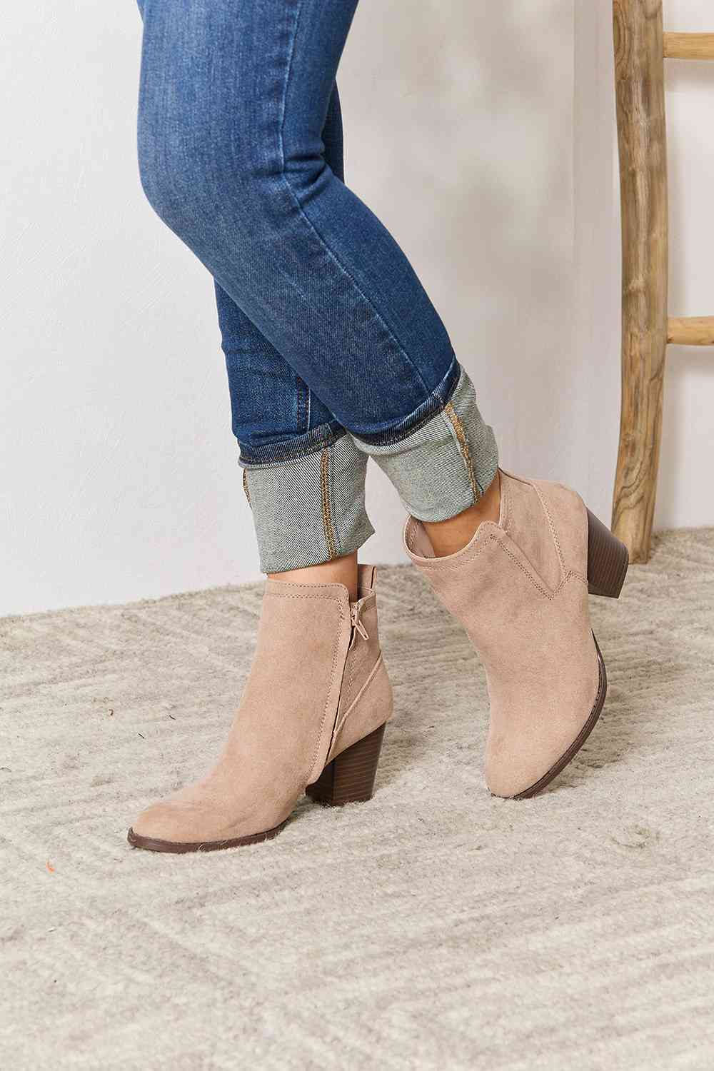 East Lion Corp Block Heel Point Toe Taupe Zipper Ankle Bootie Boots