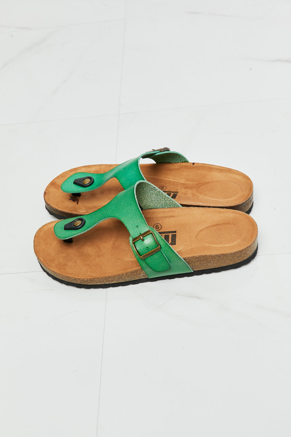 MMShoes T-Strap Flip-Flop Slide On Flat Cork Footbed Comfort Sandals in Green Drift Away