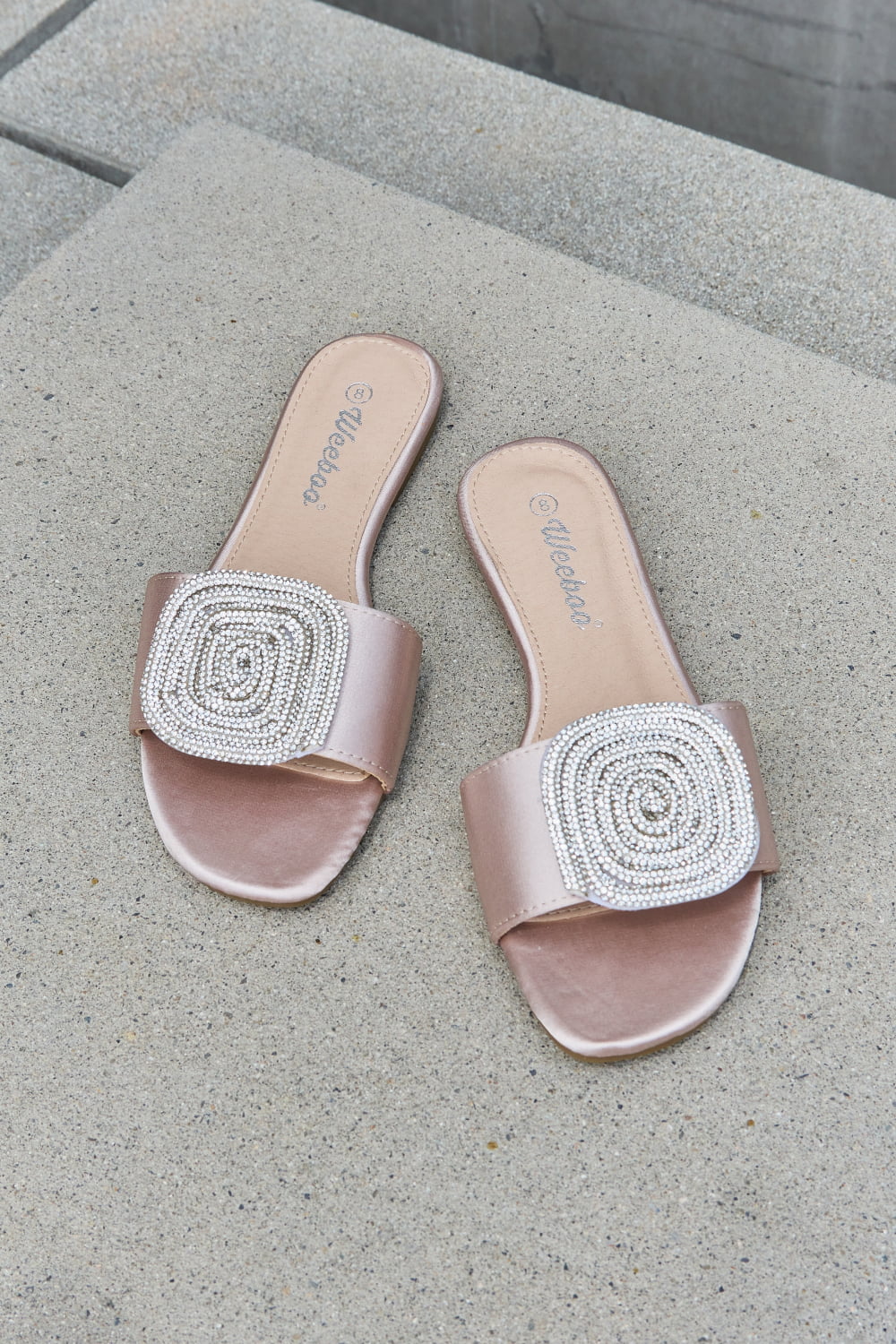 Weeboo Slide On Bedazzled Accented Slip On Flat Sandals in Nude Color New Day