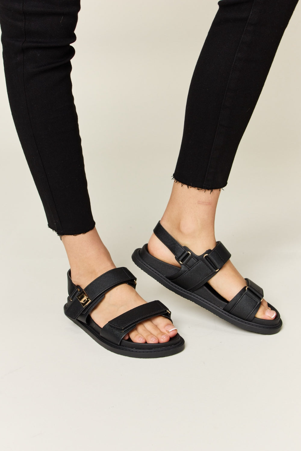 WILD DIVA Velcro Double Buckle Strap Slingback Ankle Strap Black Flat Sandals