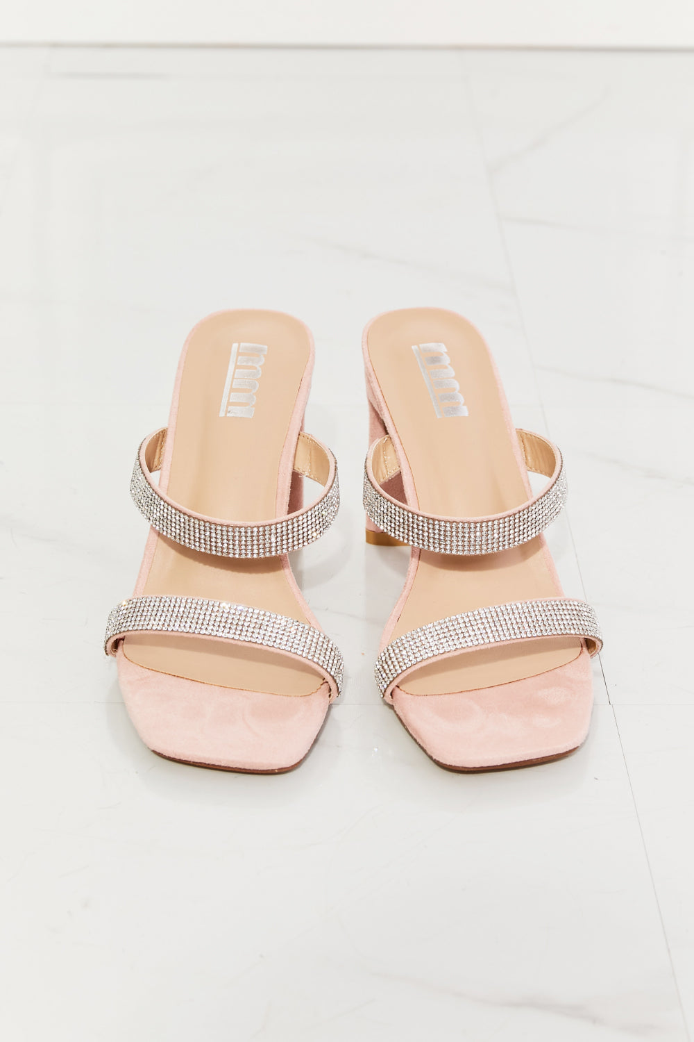 MMShoes Rhinestone Block High Heel Slide On Double Band Sandal in Dusty Pink Rose Leave A Little Sparkle