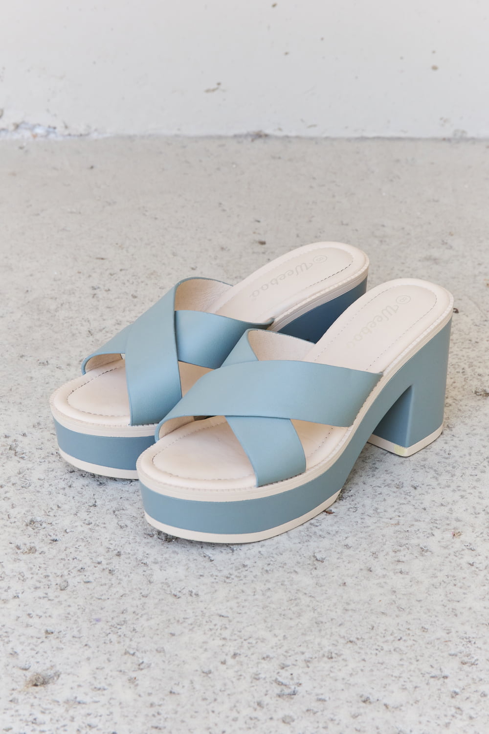 Weeboo Contrast Platform Slide On Slip In Cross Strap Thick Sole High Heel Sandals in Misty Blue