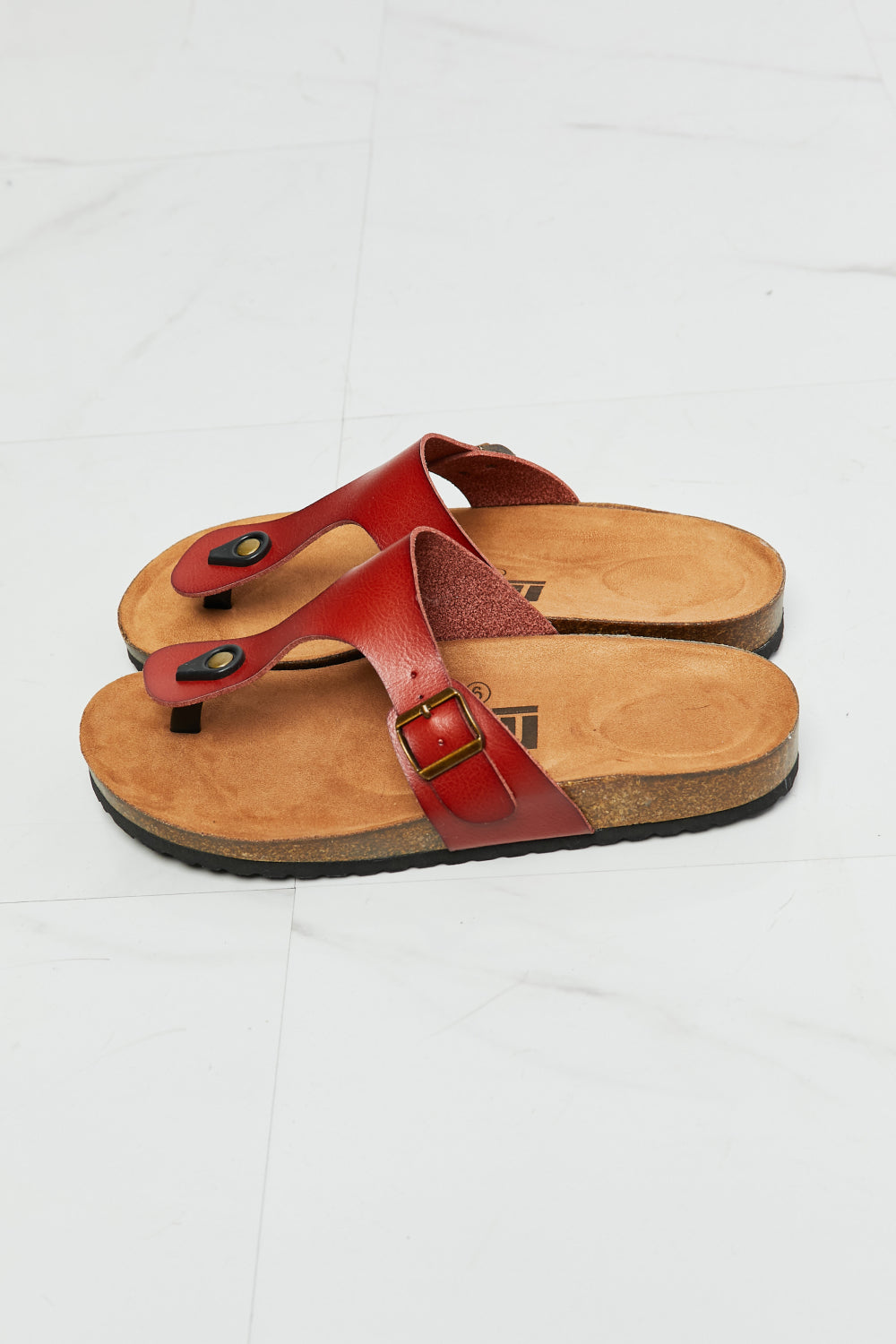 MMShoes T-Strap Flip-Flop Slide On Flat Cork Footbed Comfort Sandals in Deep Red Drift Away