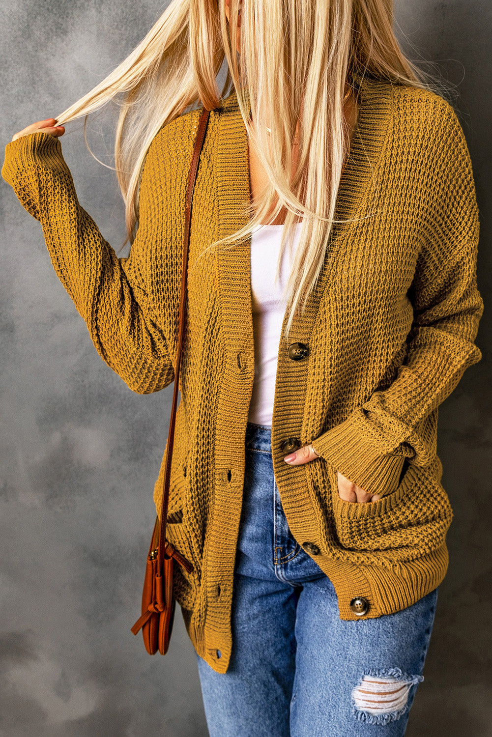 Mustard waffle hotsell knit cardigan