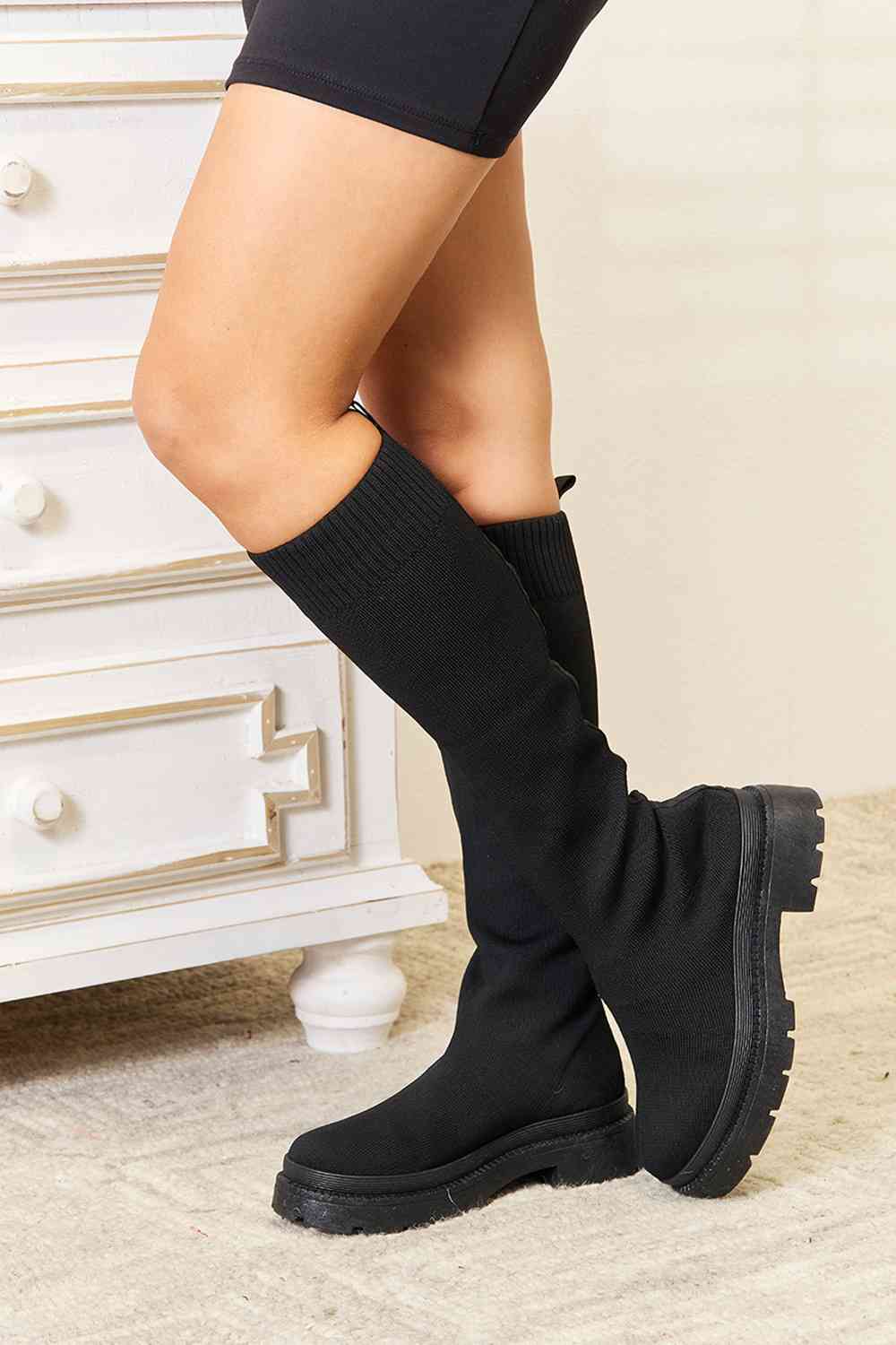 WILD DIVA Knee High Platform Chunky Thick Sole Sock Black Boots