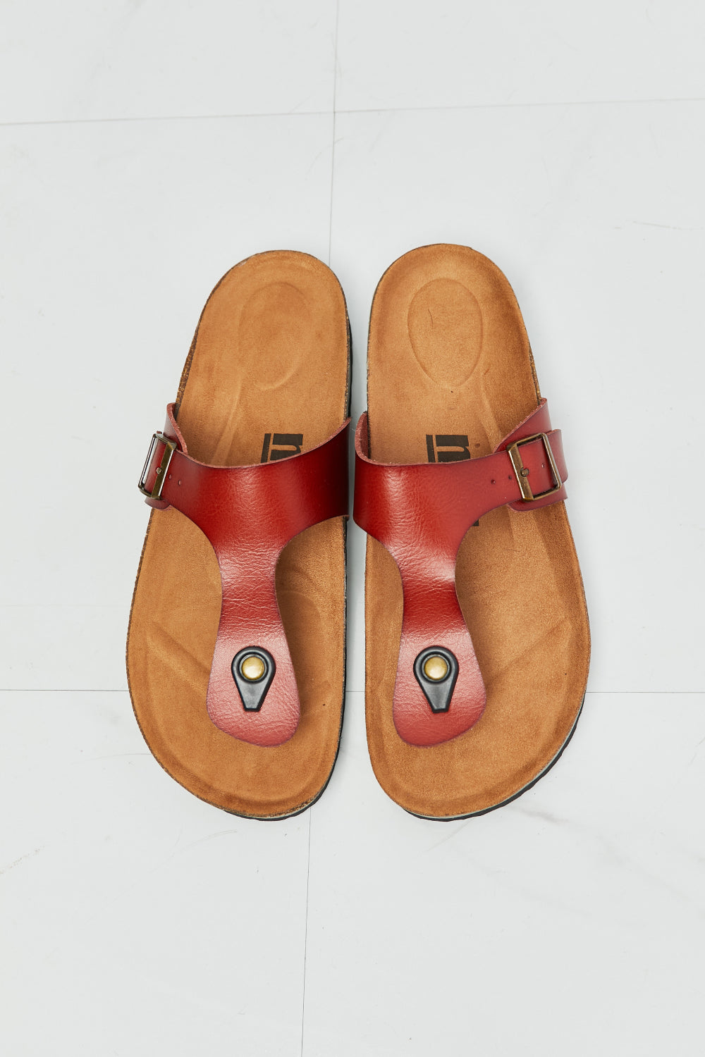 MMShoes T-Strap Flip-Flop Slide On Flat Cork Footbed Comfort Sandals in Deep Red Drift Away