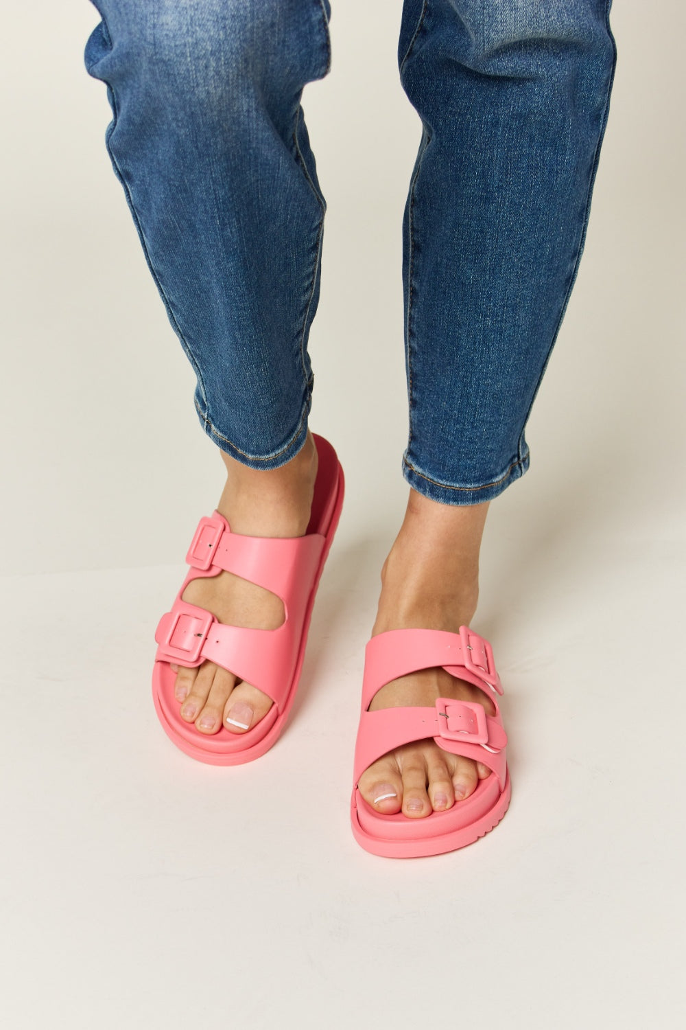 Legend Double Buckle Pink Flat Open Toe Slide On Flat Comfy Sandals