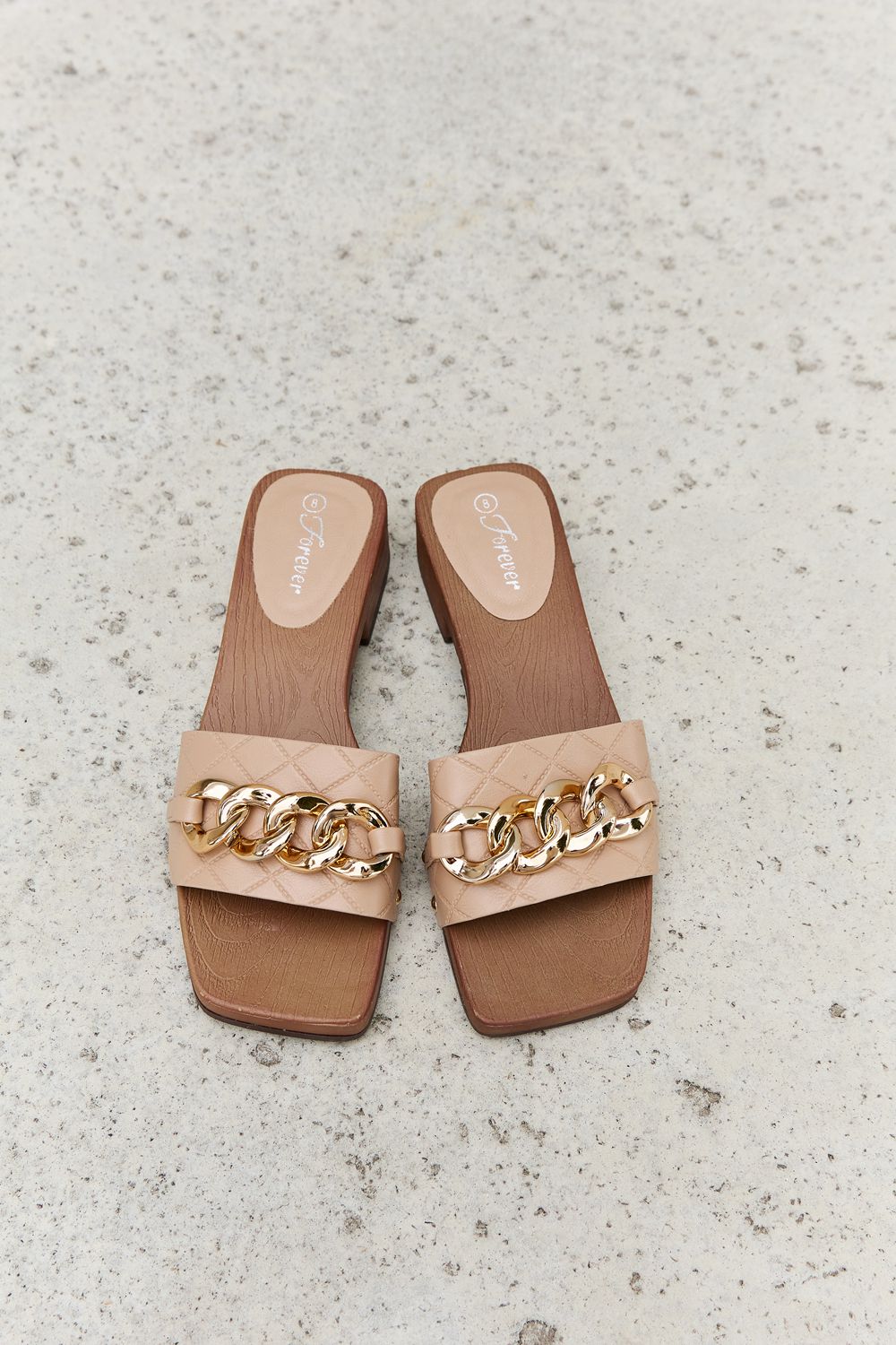 Forever Link Square Toe Gold Tone Chain Detail Clog Slide On Slip In Sandals in Tan