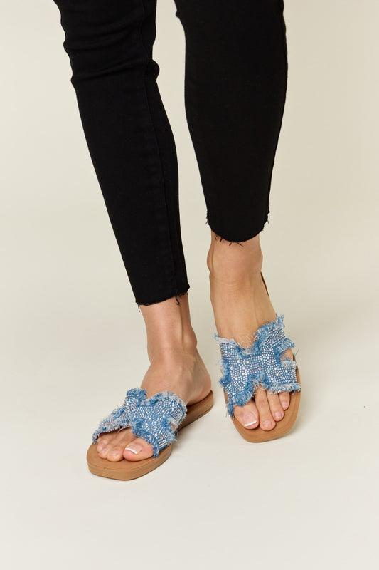 Forever Link Raw Trim Denim Blue H-Band Slide On Flat Comfy Sandals