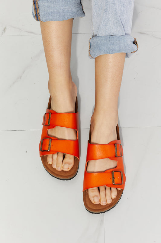 MMShoes Double Buckle Banded Slide On Flat Sandals in Orange Melody Feeling Alive