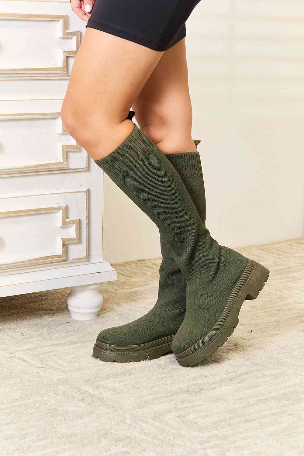 WILD DIVA Knee High Platform Chunky Thick Sole Olive Green Sock Boots