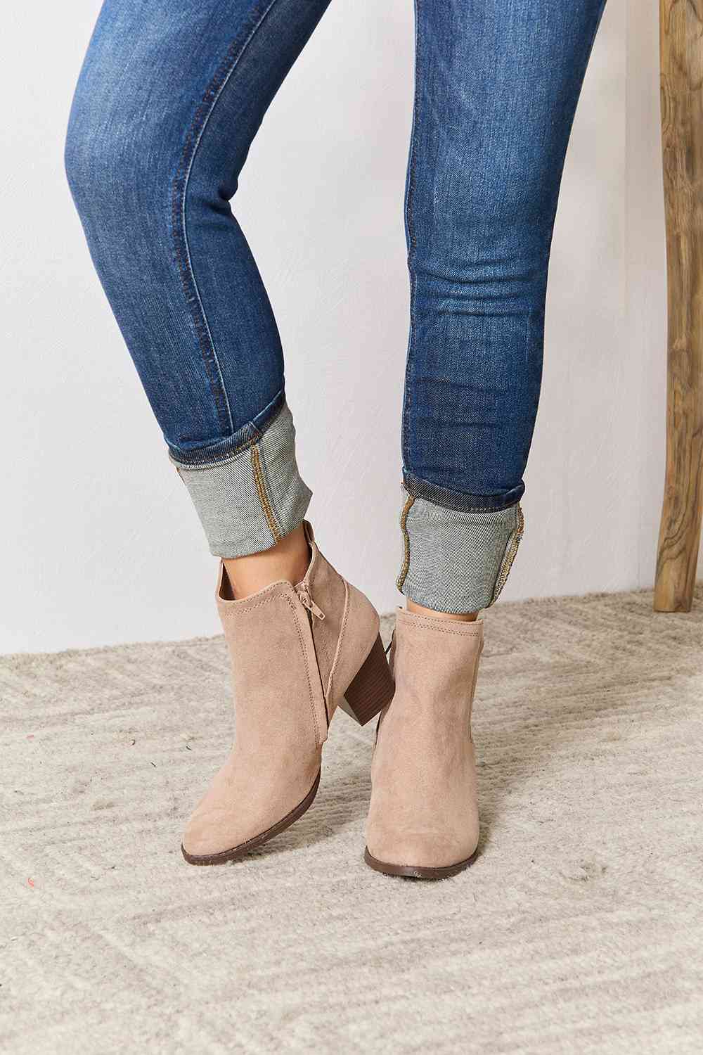 East Lion Corp Block Heel Point Toe Taupe Zipper Ankle Bootie Boots