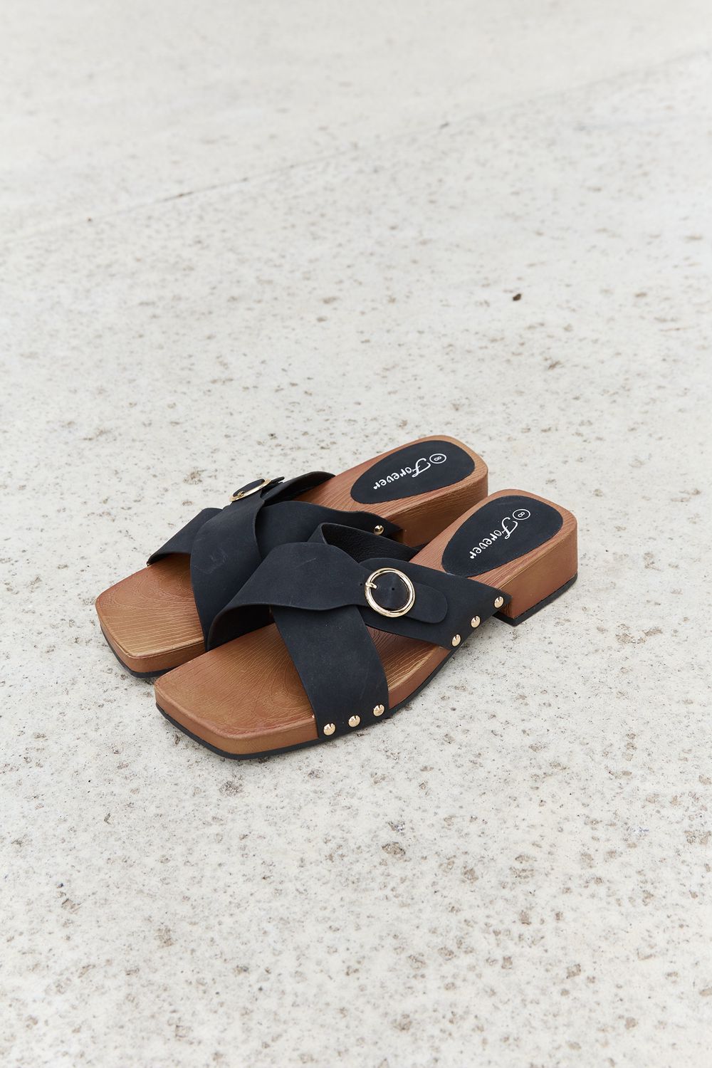 Forever Link Square Toe Cross Strap Buckle Clog Slide On Slip In Sandals in Black