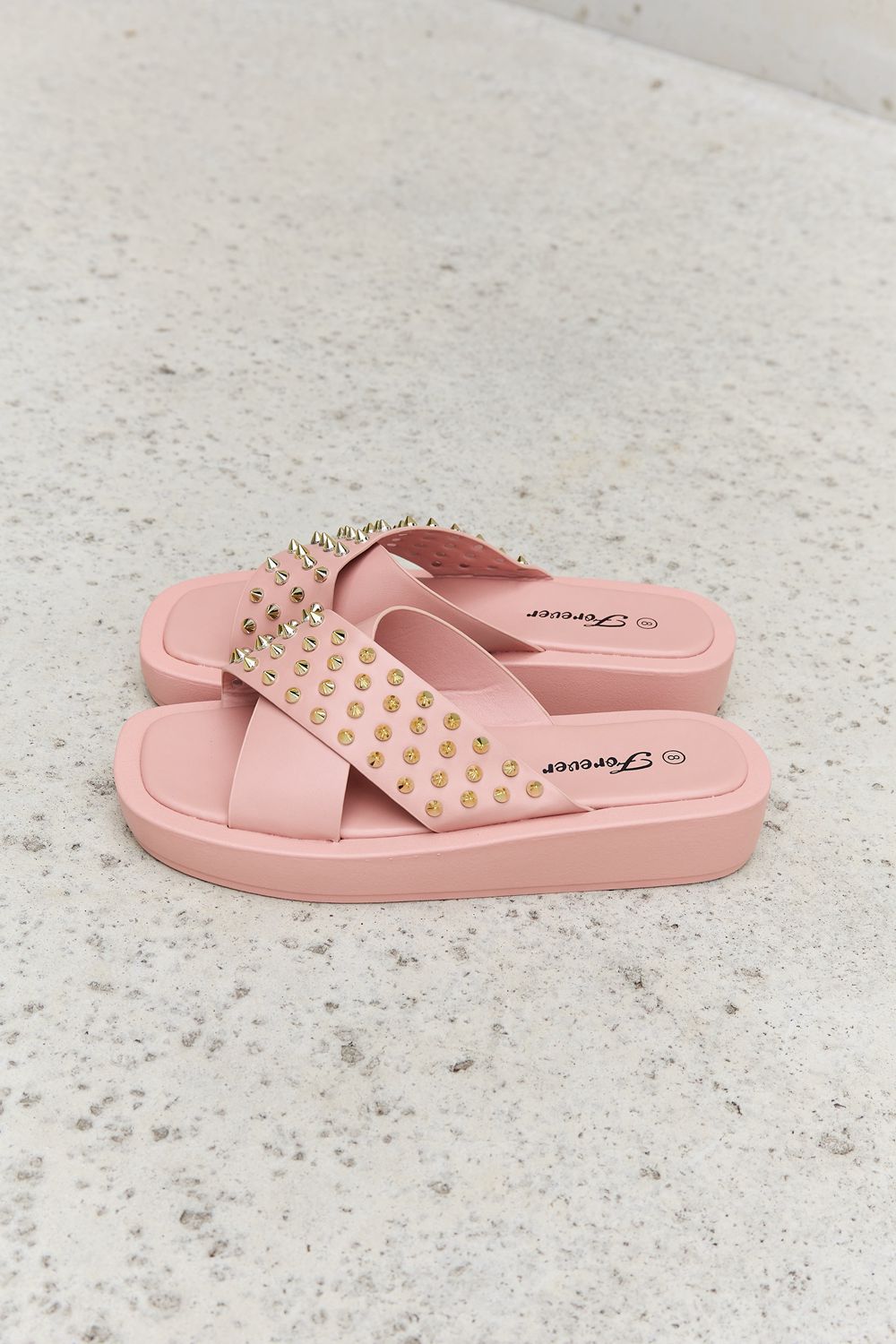 Forever Link Studded Cross Strap Slide On Slip In Platform Flat Sandals in Blush Pink