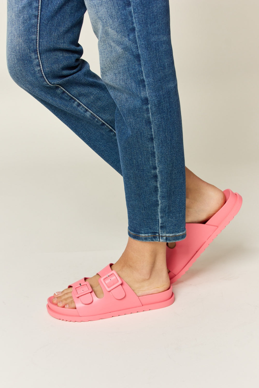 Legend Double Buckle Pink Flat Open Toe Slide On Flat Comfy Sandals