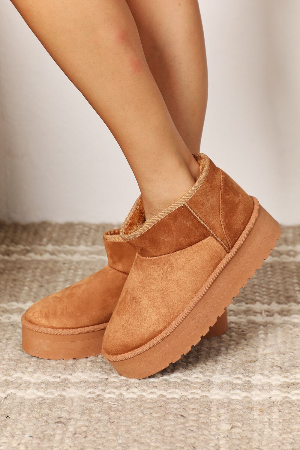 Legend Platform Fleece Lined Chunky Thick Sole Mini Ankle Bootie Camel Tan Boots