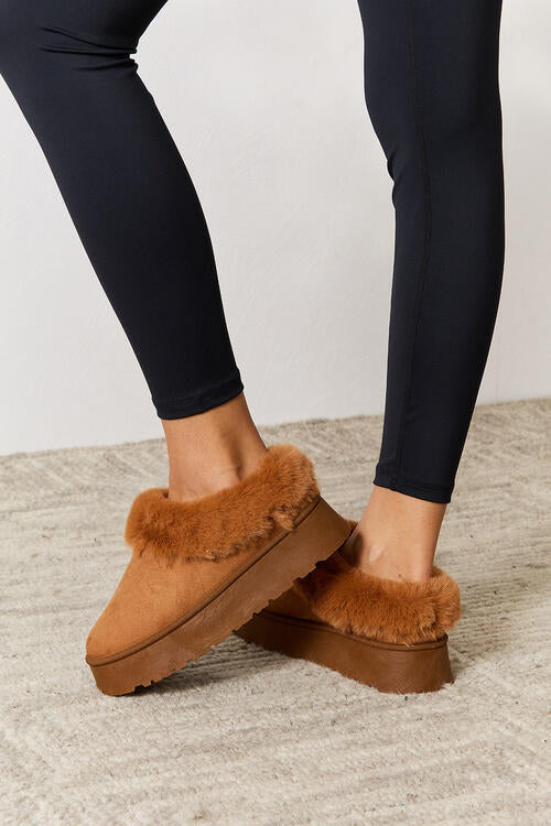 Legend Furry Accented Platform Chunky Thick Sole Camel Tan Ankle Boots