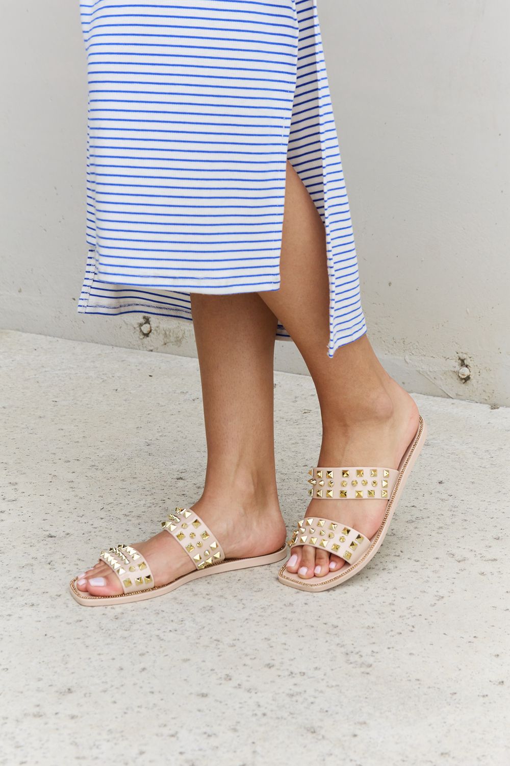 Forever Link Studded Double Strap Slide On Slip In Flat Jelly Sandals Nude Color